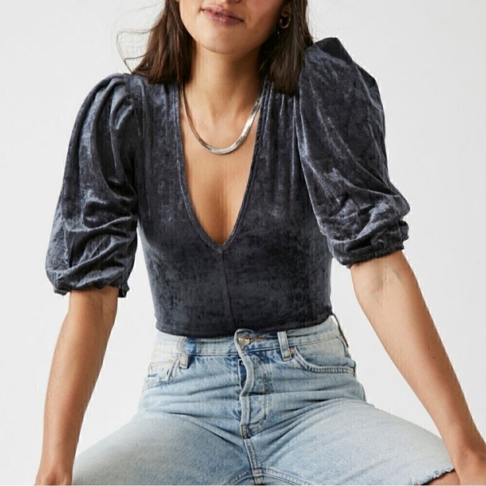 Free People Don't You Wish Crushed Velvet Puff Sleeve Bodysuit Blue Gray Small